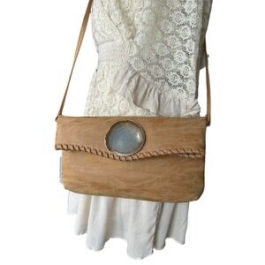 Wimberly Tan Suede Shoulder Bag Clutch Crossbody Gorgeous Stone Braided Unique